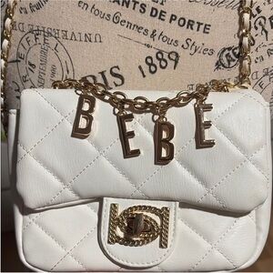 Bebe White Quilted Mini Bag with Gold Accents